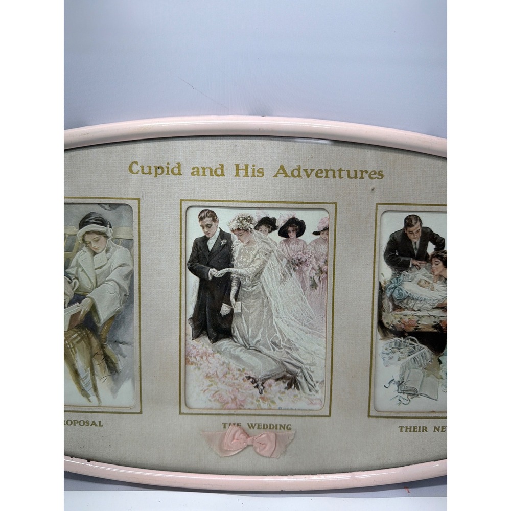 Vintage Cupid and His Adventures Oval Framed Lithograph Romantic Wedding Art - Picture 3 of 9
